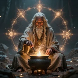 a centered render of a wise and mystical tribal shaman brewing a cauldron that summons the souls of ancestors past is surrounded by ethereal lights and fractal geometry, cinematic, beautifully lit, by brian froud, by karol bak, by donato giancola, 3 d, trending on artstation, octane render, 8 k