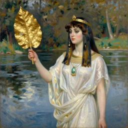 vintage beautiful painting of cleopatra holding a big golden leaf in a river in Mary Cassatt style