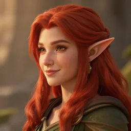 beautiful character design of an elven druid with red hair, slight smile, sideview, d&d, warm lighting, symmetrical face, subtle vibrancy, pathfinder, HD, detailed,