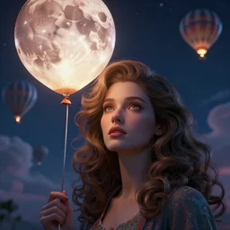 a 3 d, hyperrealistic, octane rendered, detailed, cinematic, close up portrait of a detailed 1 9 7 6 woman with swirling hair. the woman is holding a giant balloon that looks like a glowing 3 d realistic blood moon. the background is a detailed night sky filled with hot air balloons and swirling clouds by kuvshinov and bilibin, karol back, barclay