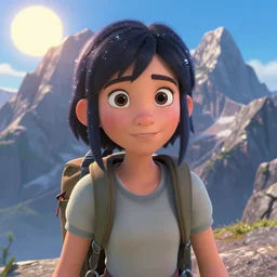 a disney 3 d film animation still portrait of a 1 9 5 0's adventurer hiker girl atop a big mountain, closeup, finely detailed features, water, sun, gapmoe yandere grimdark, trending on pixiv fanbox, painted by greg rutkowski makoto shinkai takashi takeuchi studio ghibli, pixar 3 d, renderman. octane