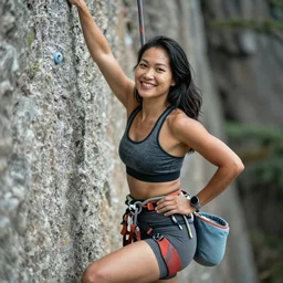 beautiful half Vietnamese tanned woman, toned, rock climber, instagram, smiling, fitness wear, portrait, photorealistic