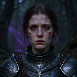 head and shoulders portrait of a female knight with a worried expression, scars under her grey eyes. sad and tired eyes, broken neclace. background forest, very dark!, a few thin violet light rays behind her. high detail, artstation top ten, photo in the style of manny librodo.