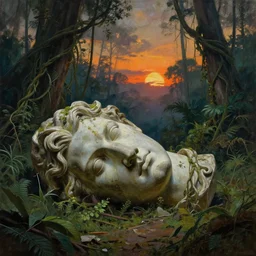 giant stolen statue of ibertys head is abandoned lying sideways on the ground reclaimed in a jungle .surrounded by tall vines in oversized jungle, moody sunset and dramatic sky , oil painting by frazetta, low angle, postapocalyptic, cinemascope panorama