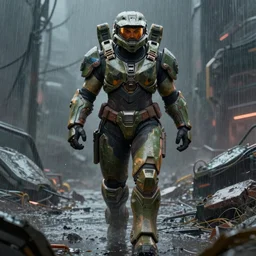 a beefy bulky female warrior in armor walking in a cyberpunk wasteland facing the camera, mjolnir armor from halo infinite without a helmet!!!!!!!!!!!!!!!!!!!!!!!!!, intricate, female face features!!!!!!!!!!!!!!!!!!!!!!!!!!!!!!!, 8K, octane render, Digital painting, concept art, illustration, sharp focus, centered, good value control, realistic shading, rational painting, a rainy night, water, wet, rain, rainstorm, rubber undersuit