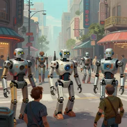busy street of retro robot city. robots. robotic. retrofuturistic. cybernetic. vincent di fate. beeple. jim burns. trending on artstation. digital painting.