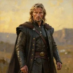 Mads Mikkelsen as Aragorn by Alan Lee, golden hour, concept art, detailed clothing, art station, oil painting