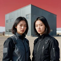 cinestill 5 0 d photographic portrait of two clones standing in front of a brutalist metal building, techwear women on a desolate plain, sky is red, closeup, depth of field, 4 k, 8 k, hd, full color