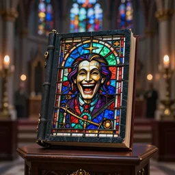 daemonic grimoire, [ grimoire made of church stained glass ], grimoire on podium with a chapel background, grimoire with face laughing, bokeh focus on grimoire, 4 k 8 k artstation trending realistic high quality detailed cinematic dramatic lighting scene lovecraftian horror colorful magic alchemy symbolic by h. p. lovecraft, noriyoshi ohrai