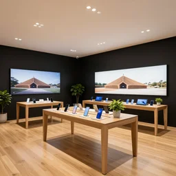 A flagship Samsung store. black walls. timber floor. high ceilings with spots. wood  furniture with large digital screen. display tables with phones and tablets, pots with plants, large digital screens on the walls, Architectural photography. 14mm. High Res 8K. award winning architectural design, Minimalist Maori Style, warm and happy, inviting