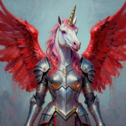 girl with an unicorn horn and red wings, armor, dressed, photorealism, high detail, digital oil painting, glitch creatures, dmt entity ; lsd art, trending on artstation, style greg rutkowski