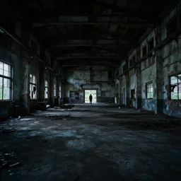 abandoned factory, dimly lit, unknown figure lurking in background, unsettling, 4 k, photo realistic