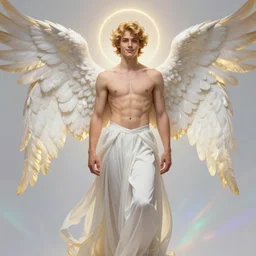 fullbody portrait of a beautiful young fit male angel with curly blond hairs, soft smile, dressed in long fluent skirt, majestic symmetrical eagle wings, luminous halo, by greg rutkowski and alphonse mucha, gradient white to gold, in front of an iridescent background, highly detailed portrait, digital painting, smooth, sharp focus illustration, artstation