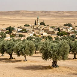 a small town with olive trees in the desert by Reuven Rubin, detailed, brown and green color palette