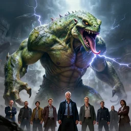 cinematic shot epic portrait an muscular reptilian god, muscular, huge, scary, green skin, long tongue, lighting strike, broad light, ambient occlusion, volumetric light effect, made by ivan aivazovsky, peter mohrbacher, greg rutkowski, ross tran, steven belledin, thomas kinkade, matte painting, trending on artstation, 4 k, perfectly defined features, digital painting, cinematic, epic, highly detailed,