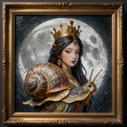 framed portrait of a snail queen goddess of the moon - by tom bagshaw, by ilya kuvshinov, rtx rendering, octane render 1 2 8 k, maya, extreme high intricate details by wlop, digital anime art by ross tran, medium shot, close up shot, composition by sana takeda, dramatic lighting by greg rutkowski, 8 k, trending,