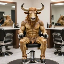 beautiful photo of a minotaur, greek minotauros, minos bull, in greek mythology, a fabulous monster of crete that had the body of a man and the head of a bull seating on a barber stool in a barber shop