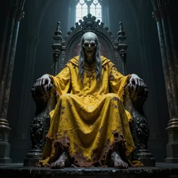 a tall pale humanoid being sitting upon an ornate stone throne, 4K, digital art, horror, dramatic, wearing a long yellow rotting garment, dark, hyperrealistic, perspective, complex black church background with volumetric lights coming in through cathedral windows, dark background, highlights,