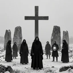 a group of cloaked men stand among neolithic standing stones, by henry ossawa tanner and rembrandt, lit by gas lamps, a giant black cross, black and white, grainy, snow, highly detailed, gloomy and foggy atmosphere, octane render, cinematic lighting, 8 k, hd