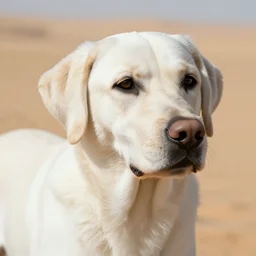 a close - up of a white labrador dog camouflaging in a desert