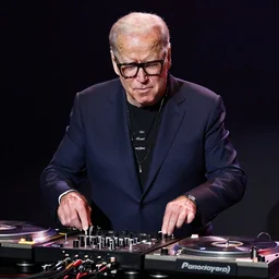Biden with Elton John glasses DJing with turntables, photoreal