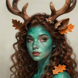 beautiful digital painting of a beautiful young woman with teal skin and antlers made of wood on her head, brown curly hair with orange oak leaves, D&D, fantasy, intricate, beautiful eyes, cinematic lighting, highly detailed, digital painting, Artstation, concept art, smooth, sharp focus, illustration, art by Artgerm and Greg Rutkowski, Alphonse Mucha and Rossdraws