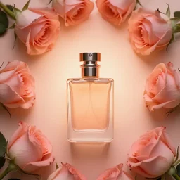 perfume bottle surrounded by artistic, peach pink roses, peach background, softly - lit, warmly - lit, soft femme, romantic simple path traced, environment, up close shot