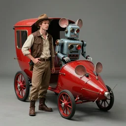 adventurer ( ( ( ( ( 1 9 5 0 s retro future robot android robot mouse wagon dramatic moment. muted colors. ) ) ) ) ) by jean baptiste monge!!!!!!!!!!!!!!!!!!!!!!!!! chrome red