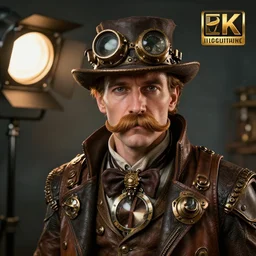portrait of a steampunk inventor with handlebar mustache, studio lighting, hdr, 8 k, artstation
