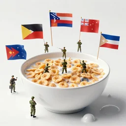 “cereal bowl, with countries floating on the milk, each country has a soldier shooting at the other countries”