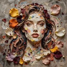 a portrait of of a model constructed from petals, collage, mixed media, drop shadow, organic, layered composition, layers, texture, mcu, petals, highly textured, layered, sculpted, dynamic,