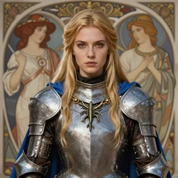 a portrait of a medieval fantasy eurasian female paladin, beautiful, sandy blonde long straight hair and hazel eyes, metal armor, blue cape, basilisk necklace, very detailed, amazing quality, stunning, by rebecca guay and alphonse mucha and ilya kuvshinov, artstation, pixiv, digital art
