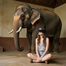 a blindfolded girl sitting with an elephant in a room