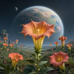 datura stramonium planet eerie but beautiful landscape with lifeforms created from datura hallucinations hyper detailed, ultra realistic, 8 k, high quality image,