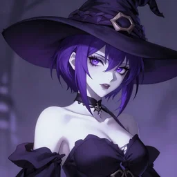 Beautiful grown up anime women as a evil witch with purple short hair , pale white skin, artstation , 4K , Highly detailed , high quality , drawn by Henrique Nascimento