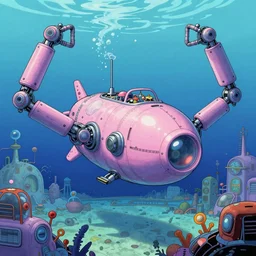 cyber funk, under water ocean exploration station and a pod submarine with robot arms in deep ocean, yoshitaka amano, moebius, mike mignola, bright pastel color