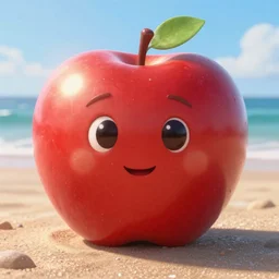 an apple character, on the beach, sunny day, pixar render
