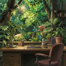 home office with lush vegetation by Studio Ghibli