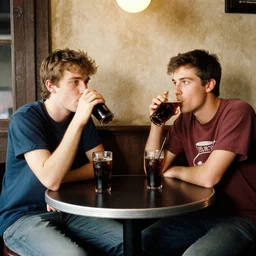 2 young guys wearing t - shirts, sitting around a round table in a bar drinking coke, by toulouse lautrec
