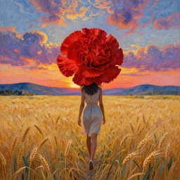 giant red carnation afro head, full body, girl walking in the middle of a wheat field, surreal photography, hills, sunrise dramatic light, impressionist painting, colorful clouds, digital painting, pointillism, artstation, simon stalenhag
