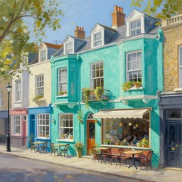 street of teal stone, sunlight and whimsical houses, cafe tables, london, painting by james gurney