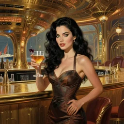 beautiful woman with long wavy curly black hair and green eyes, wearing a cocktail dress, holding a drink. she is in the bar of the atlantis paradise, a retro futuristic spaceship made of brass bronze gold, art deco influence, hotel style design. bioshock, starship titanic. clean, well composed painting by artgerm and greg rutkowski.