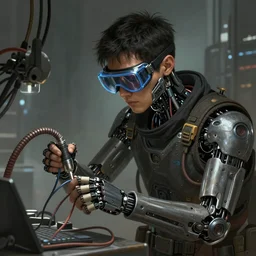 a guy connected to wires and tubes, wearing goggles, cybernetic, dystopian, highly detailed, digital painting, artstation, concept art, soft light, sharp focus, illustration