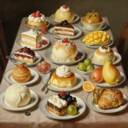 a table with lots of deserts and dishes and fruits and vegetables, realistic painting, classical painting, high definition, digital art, matte painting, very detailed, realistic