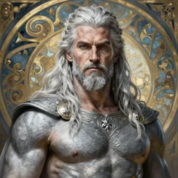 painted portrait of rugged odin, god of war, norse god, white hair, masculine, mature, handsome, upper body, grey and silver, muscular, hairy torso, fantasy, intricate, muscular, elegant, hyper detailed, digital painting, artstation, concept art, smooth, sharp focus, illustration, art by gaston bussiere and alphonse mucha