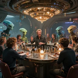 a science fiction bar where the patrons are aliens, charlie bowater, artgerm, ilya kuvshinov, krenz cushart, ruan jia, realism, ultra detailed, 8 k resolution