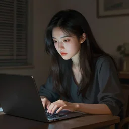 a full shot of nice girl working on her laptop at night, detailed, centered, digital painting, artstation, concept art, donato giancola, Joseph Christian Leyendecker, WLOP, Boris Vallejo, Breathtaking, 8k resolution, extremely detailed, beautiful, establishing shot, artistic, hyperrealistic, beautiful face, octane render
