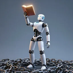 the humanoid robot is holding a glowing book above his head. the robot is standing on a pile of chains.