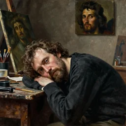 dostoyevsky as an exhausted painter in his dimly lit studio by edgar maxence and caravaggio and michael whelan, intricate painting, hyper realistic, extremely detailed and beautiful aesthetic face, 8 k resolution