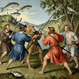 people half men half fish in abmedieval fight scene, in the style of bosch